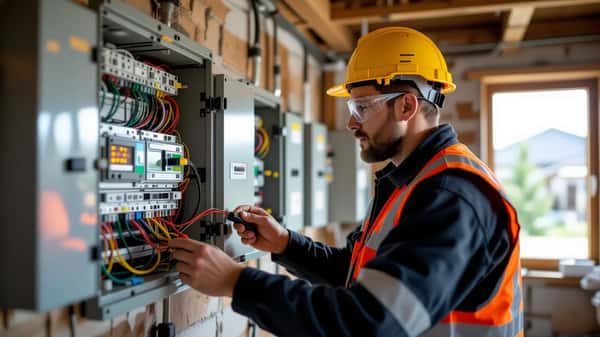Elektriker prüft Sicherungskasten bei Photovoltaikanlage, Deutschland 2026