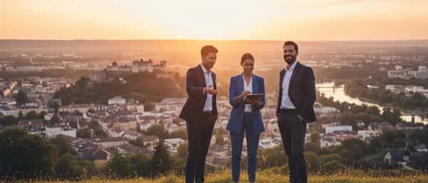 Deutsches Paar prüft Finanzunterlagen und Laptop am Schreibtisch mit Diagrammen auf dem Bildschirm