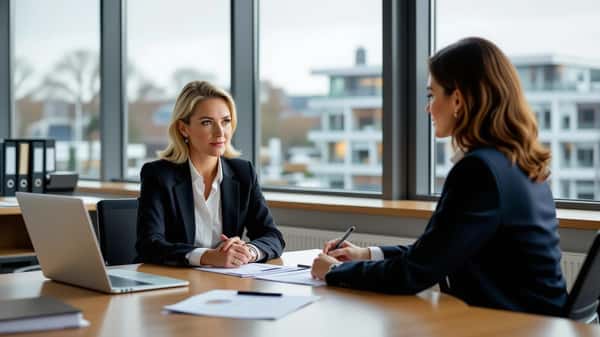 Vrouw en advocaat bespreken transitievergoeding-berekening aan een bureau in een Den Haags rechtenkantoor