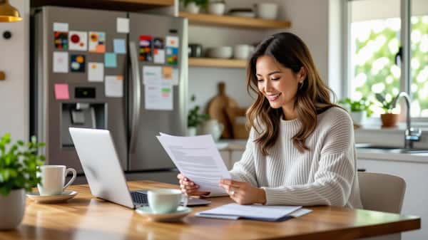 Australian woman reviewing 2026-27 budget documents at a Perth suburban kitchen bench, laptop open to myGov, warm morning light through window