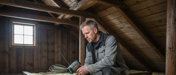 Energirådgiver inspiserer isolasjon i loftet på et norsk trehus med termograferingskamera