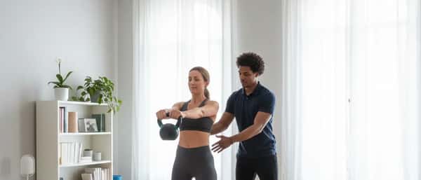 Coach sportif guidant une cliente pendant un exercice de kettlebell dans un salon parisien lumineux