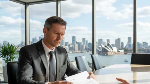 Australian lawyer reviewing a contract at a Sydney CBD conference table, harbour view in background