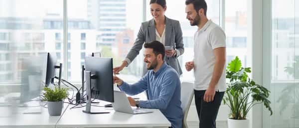 IT support engineer monitoring network dashboards on dual screens in a modern UK office