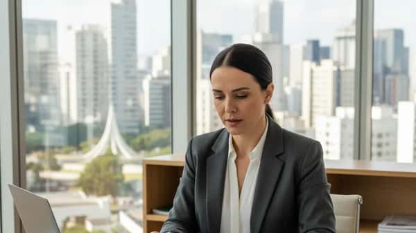 Empresária brasileira revisando documentos de planejamento tributário em escritório moderno em São Paulo, expressão concentrada