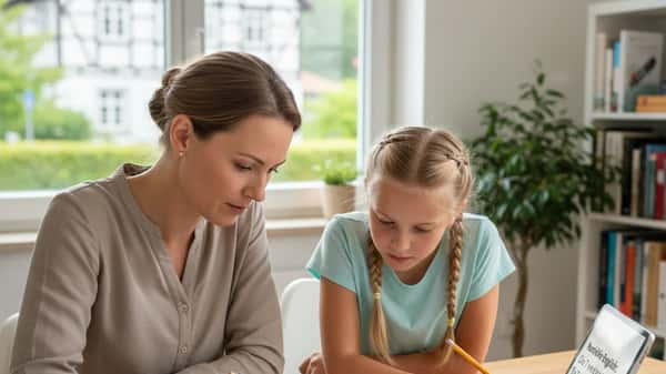 Nachhilfelehrerin erklärt einer deutschen Schülerin englische Grammatik am Schreibtisch im Wohnzimmer