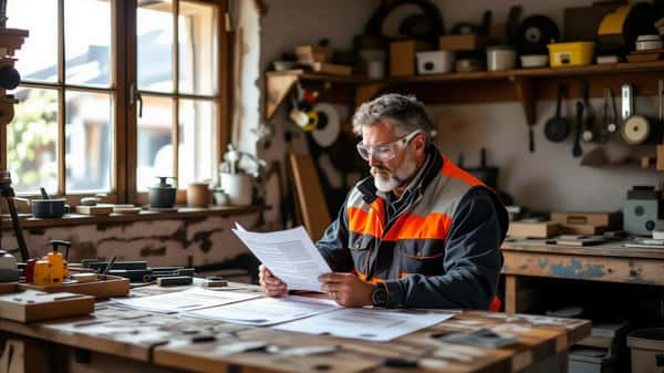 Artisan grenoblois révisant ses documents de sécurité au travail dans son atelier, DUERP et outils de protection sur l établi