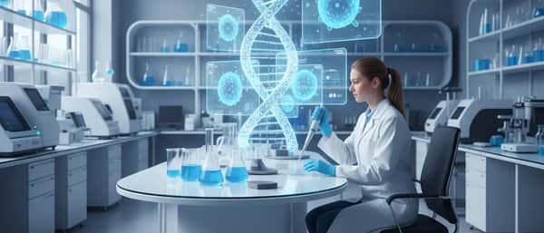 Cancer research laboratory showing DNA helix hologram with scientist analyzing cancer treatment data on advanced medical equipment