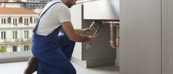 Canalizador português de macacão azul a reparar um cano de cobre debaixo de um lavatório numa cozinha moderna