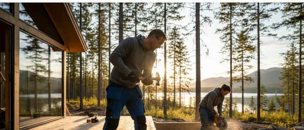 Tømrer måler tømmer i et dansk parcelhus under renovering med synlige spær og naturligt dagslys