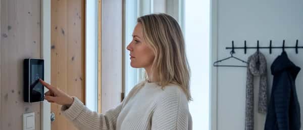 Nordisk kvinne trykker på et moderne alarmpanel ved inngangsdøren i et norsk trehus med vinterlys