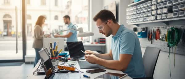 Elektronik-Techniker repariert ein Laptop-Mainboard mit Lötkolben an einer professionellen Werkbank