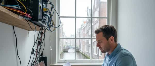 Nederlandse ondernemer analyseert IT-facturen aan een houten bureau in een Amsterdams kantoor