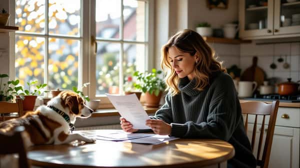 Femme lisant des documents officiels à une table en bois dans une cuisine à Strasbourg, après le décès de son animal de compagnie