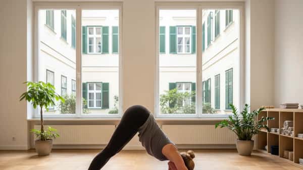 Frau in Downward Dog-Pose auf Yogamatte in einem hellen Wiener Yoga-Studio mit Parkettboden und Fensterfronten