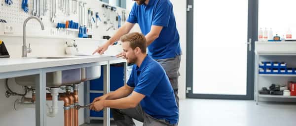 Plombier français examinant des tuyaux en cuivre sous un évier de cuisine dans un appartement parisien