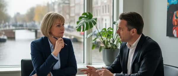 Nederlandse vrouw consulteert een advocaat in een modern Amsterdams kantoor