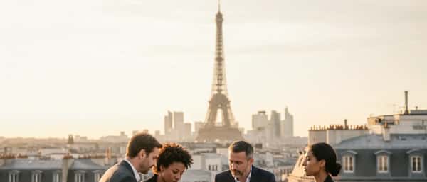 Steuerberaterin erklärt einem Mandanten Unterlagen in einer Wiener Kanzlei mit Parkettboden und Tageslicht