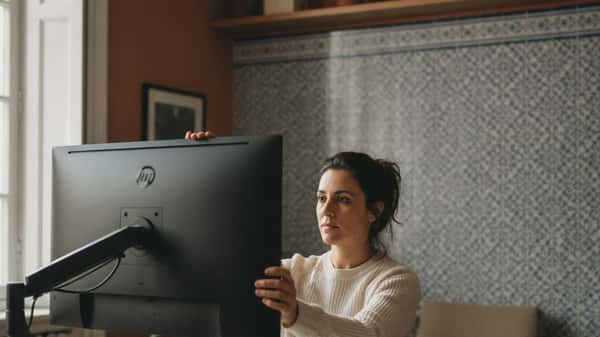 Trabalhadora portuguesa ajustando monitor ergonómico num home office em Porto