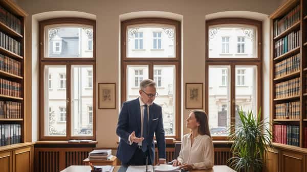 Mietrechtsanwalt berät eine Mandantin in einer Altbau-Kanzlei in Düsseldorf