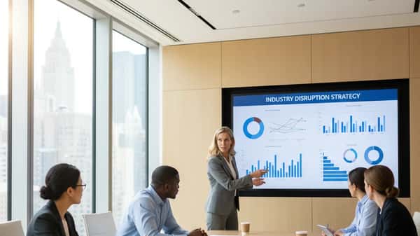 Diverse group of U.S. business professionals reviewing industry strategy in a modern boardroom during a market disruption planning session