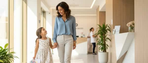 Madre e figlia italiana in un corridoio di una clinica moderna italiana