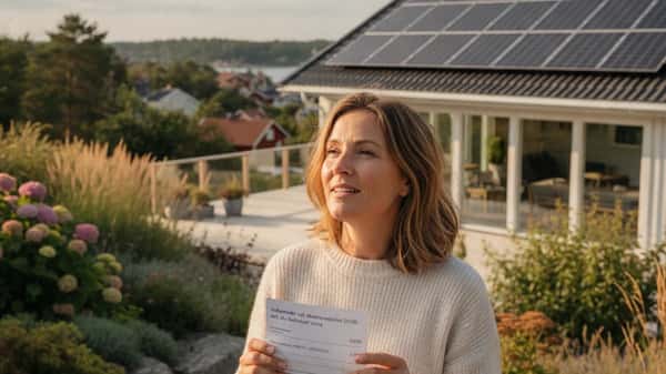 Kvinna i trädgården till en modern svensk villa i Göteborg, tittar upp på nyinstallerade solpaneler på taket och håller i en faktura