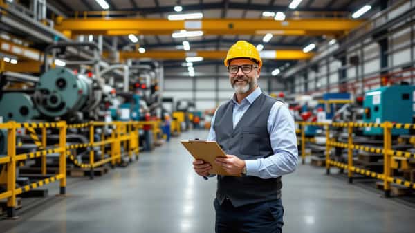 Werkgever met klembord op de productievloer van een fabriek in Eindhoven, naast oranje veiligheidslinten na een bedrijfsongeval