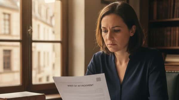 Femme lisant un acte de saisie-attribution posé sur un bureau à Strasbourg, lumière matinale douce