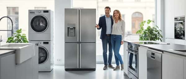 Femme inspectant un réfrigérateur moderne dans une cuisine contemporaine avec lave-linge et lave-vaisselle en arrière-plan