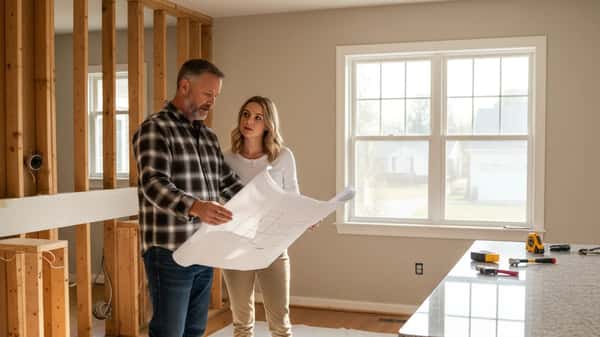 Contractor reviewing blueprints with homeowners in a half-renovated suburban American kitchen