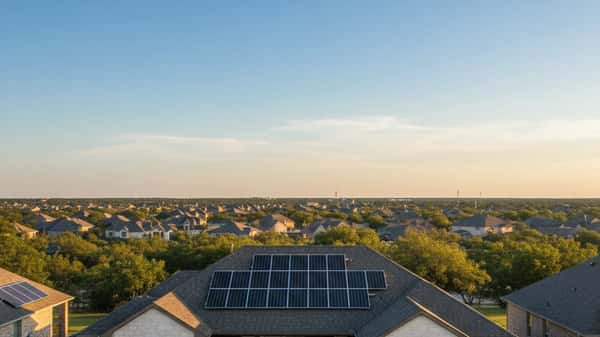 American suburban home with rooftop solar panels and an electric vehicle charging in the driveway in Austin, Texas