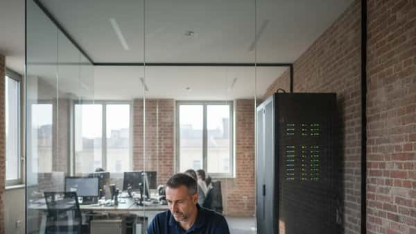 Imprenditore italiano che valuta servizi informatici su laptop in un ufficio PMI a Milano