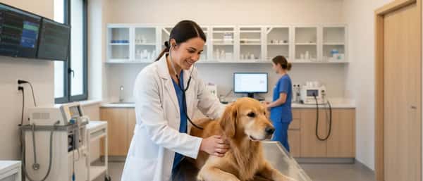 Veterinária portuguesa a examinar um golden retriever numa mesa de consulta de hospital veterinário moderno