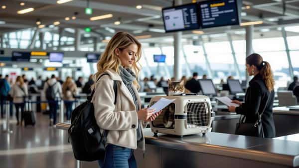 Femme française tenant un sac de transport pour chat au comptoir d'enregistrement de l'aéroport de Bordeaux-Mérignac