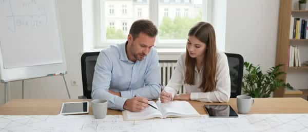 Dansk elev og tutor arbejder sammen om matematikopgaver ved et lyst skrivebord i skandinavisk indretning