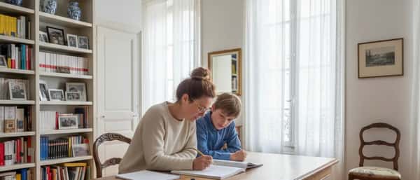 Répétitrice aidant un collégien à résoudre un exercice de mathématiques dans un appartement français lumineux