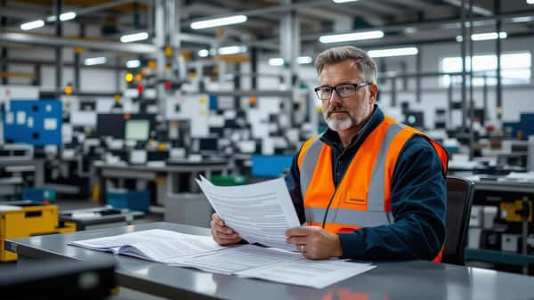 Industriarbeider i Stavanger verkstedanlegg sammenligner to tariffavtaledokumenter ved metallskrivebord, produksjonsmaskineri synlig bak