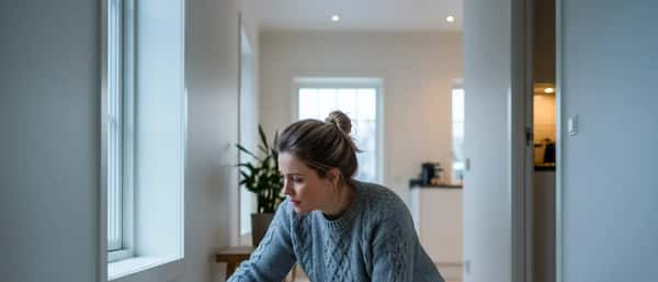 Kvinne inspiserer baseboard med lommelykt i norsk bolig for å sjekke skadedyr