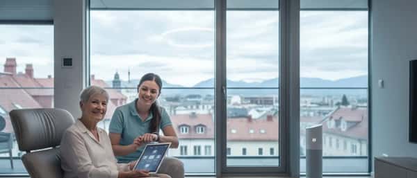 Eldre norsk kvinne trykker på trygghetsalarm i en lys skandinavisk stue