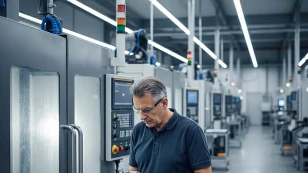 Technicien suisse inspectant une pièce de précision sur une machine CNC dans une usine valaisanne