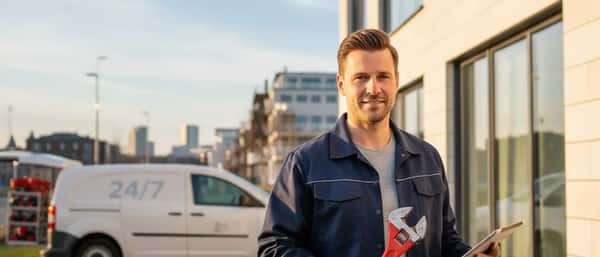 British plumber in work overalls repairing copper pipework under a kitchen sink in a UK terraced house at night