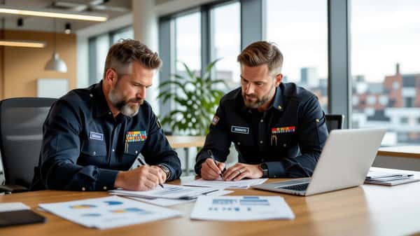 Dansk IT-compliance specialist gennemgår EU AI Act-dokumenter på en laptop i et moderne Aarhus-kontor med skandinavisk indretning
