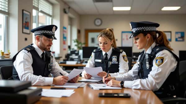 Civilian police staff workers in a UK police station office reviewing their pay agreement, 2026