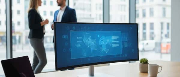 Professionnel comparant deux écrans d'ordinateur côte à côte sur un bureau moderne dans un home office lumineux