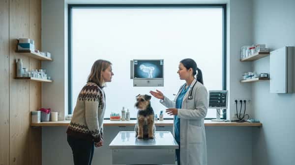 Dyreeier og veterinær under konsultasjon med en liten hund i en norsk dyreklinikk