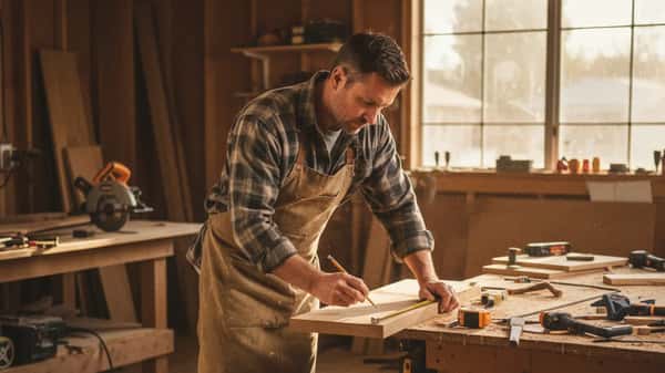 American carpenter measuring and marking an oak board at a workshop bench in Denver, Colorado, sawdust on the floor, warm afternoon light