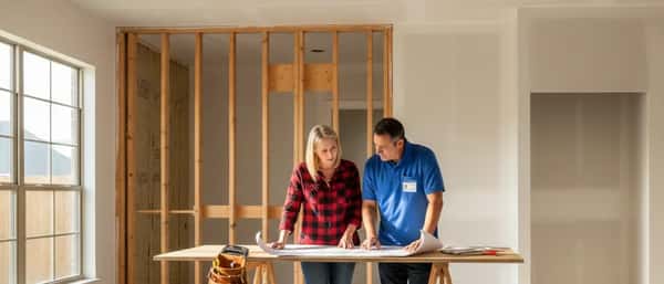 Homeowner and contractor reviewing renovation blueprints together in a half-renovated suburban kitchen in Austin, Texas