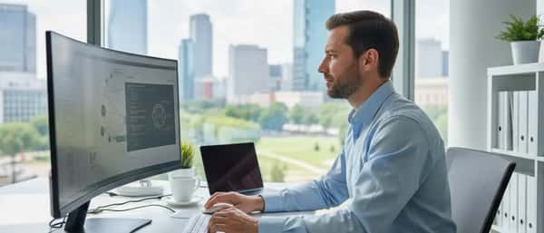 Tecnico informatico italiano che ripara un laptop in un ufficio moderno con strumenti e componenti elettronici