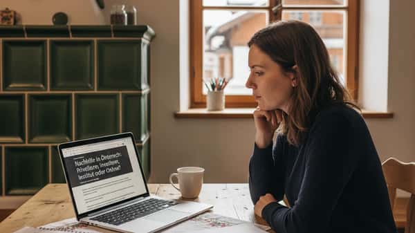 Mutter am Küchentisch recherchiert Nachhilfe-Optionen auf dem Laptop, umgeben von Schulheften und Taschenrechner